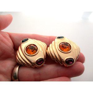 Vtg Joan Rivers Runway 80's Topaz Jeweled Cabochon Chunky Gold Clip Earrings